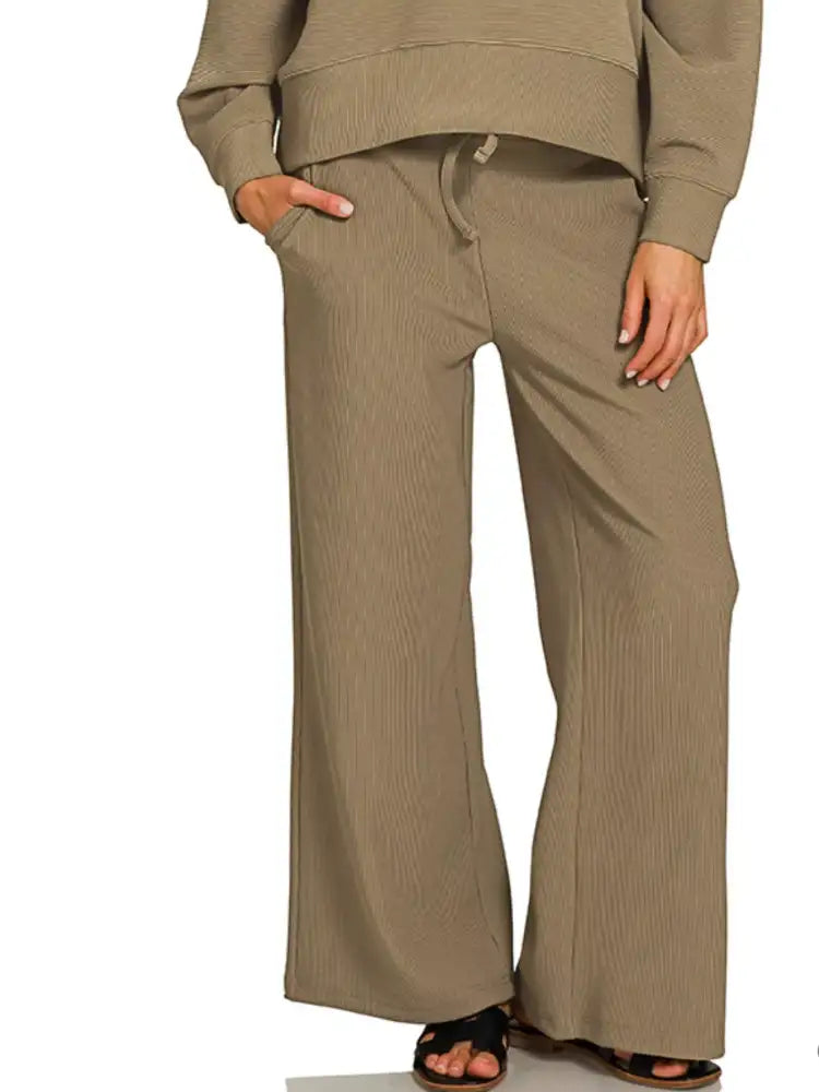 Zenana Ribbed Round Neck Pullover and Drawstring Pants Set