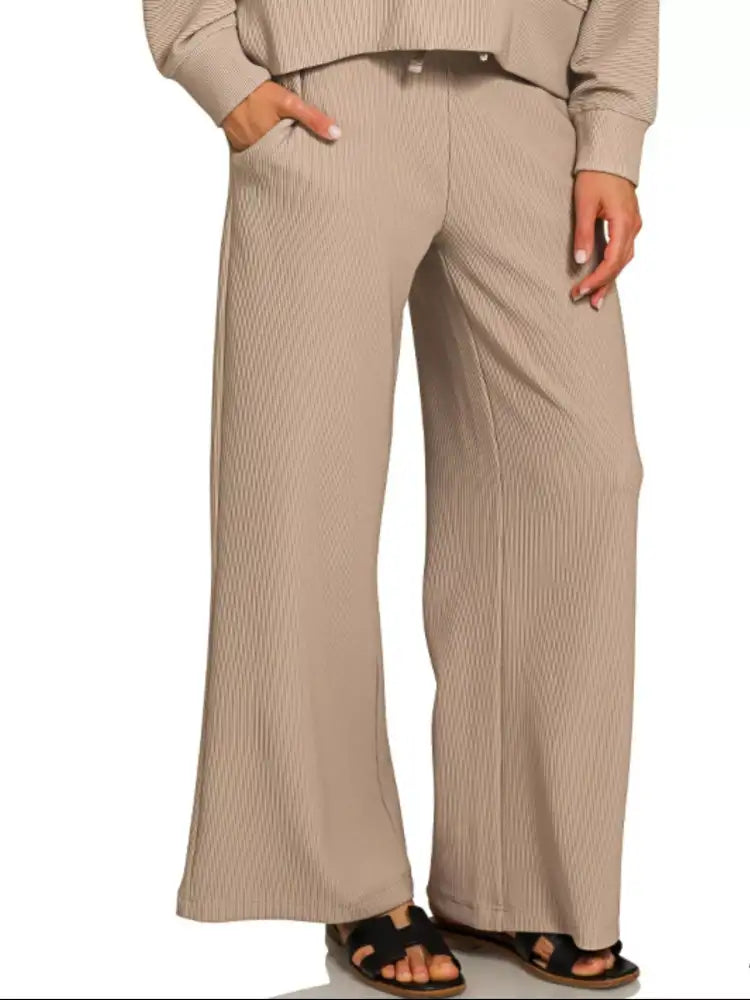 Zenana Ribbed Round Neck Pullover and Drawstring Pants Set