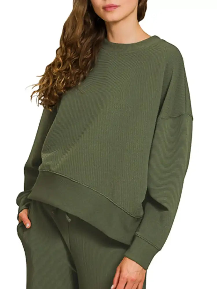 Zenana Ribbed Round Neck Pullover and Drawstring Pants Set