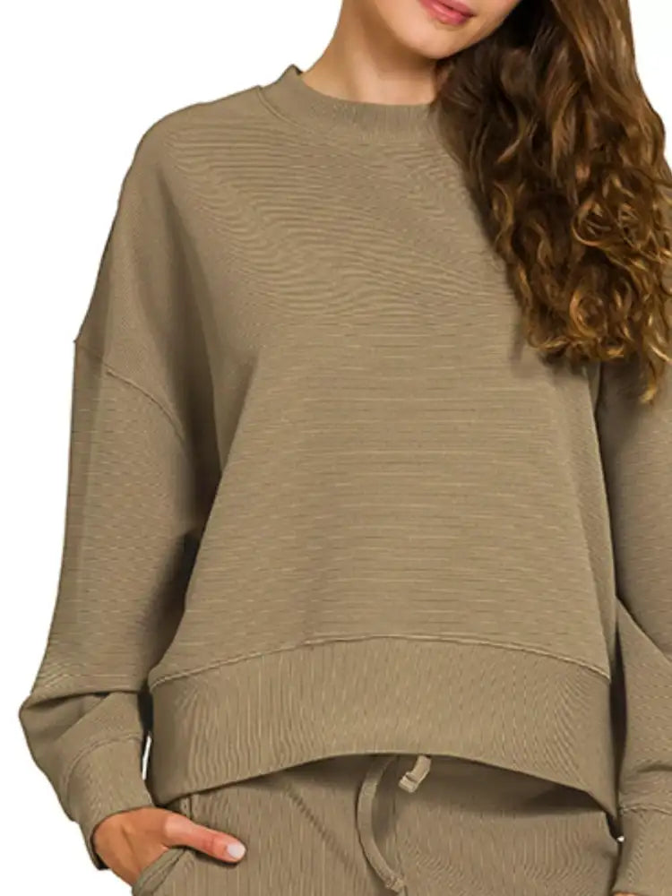 Zenana Ribbed Round Neck Pullover and Drawstring Pants Set