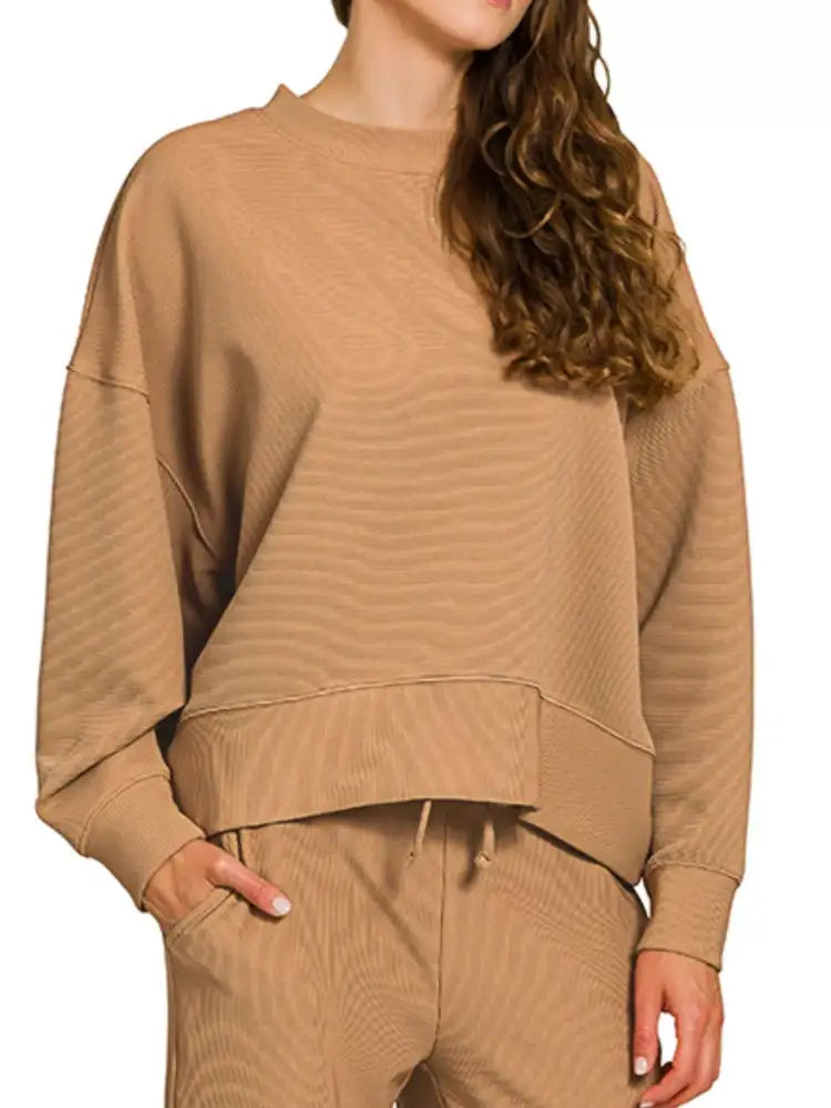 Zenana Ribbed Round Neck Pullover and Drawstring Pants Set