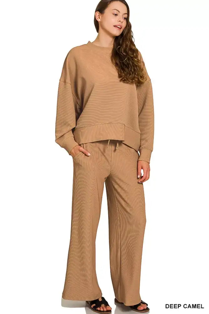 Zenana Ribbed Round Neck Pullover and Drawstring Pants Set