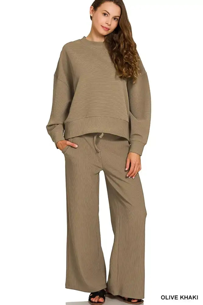 Zenana Ribbed Round Neck Pullover and Drawstring Pants Set