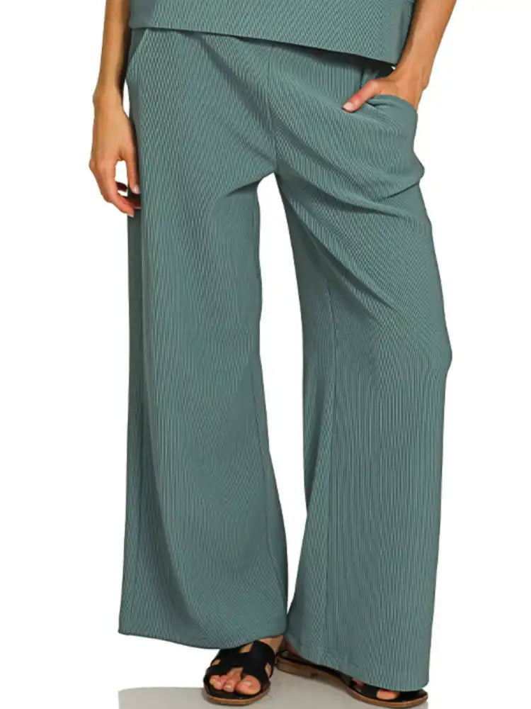 Zenana Ribbed Round Neck Tee & Pants Set