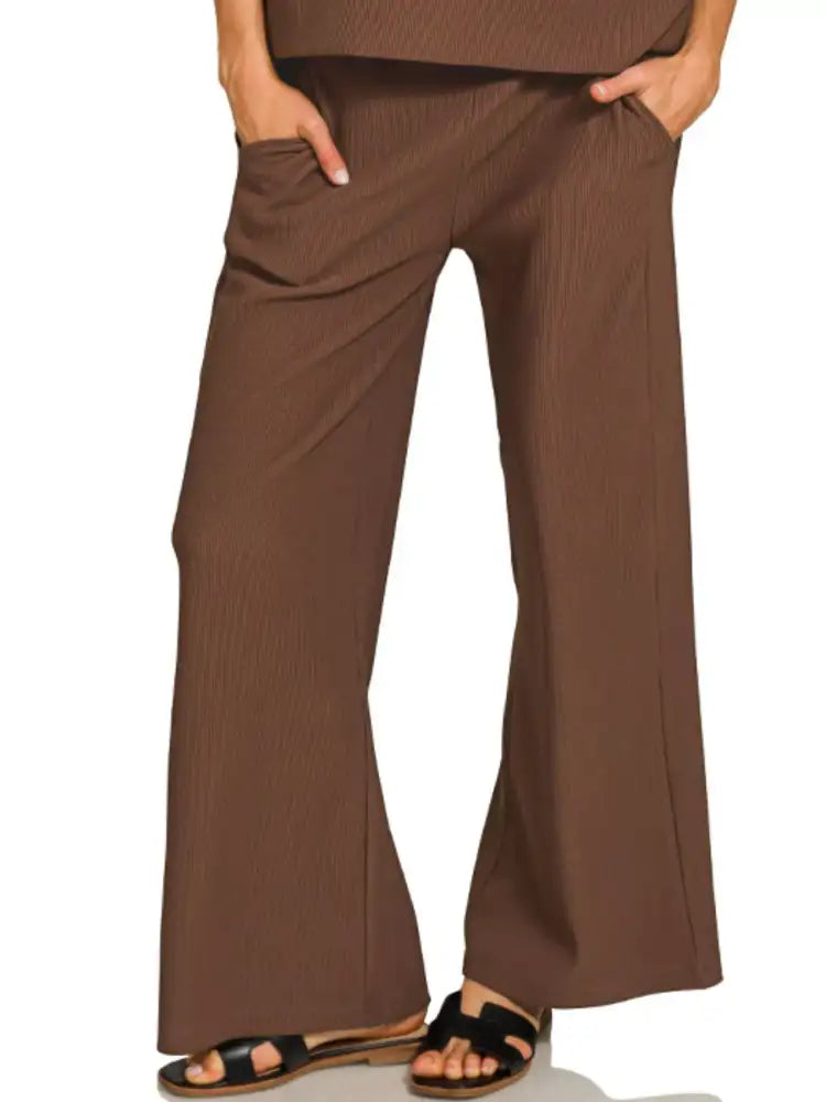 Zenana Ribbed Round Neck Tee & Pants Set