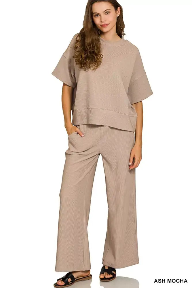 Zenana Ribbed Round Neck Tee & Pants Set