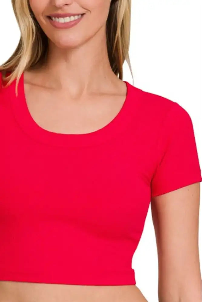 Zenana Ribbed Scoop Neck Crop Short Sleeve Top