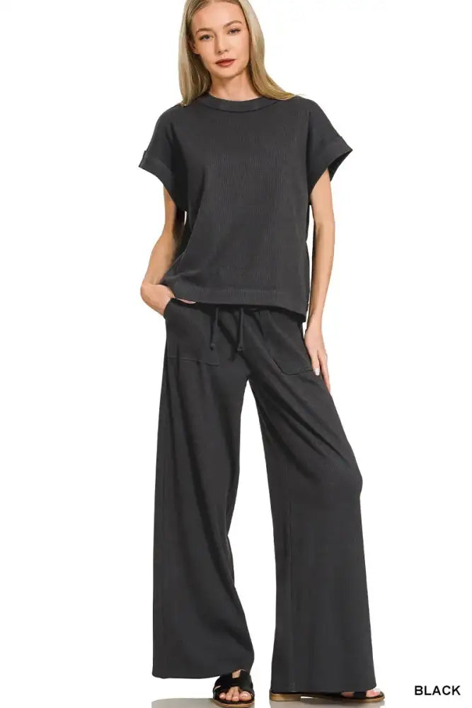 Zenana Ribbed Short Sleeve Tee and Pants Set