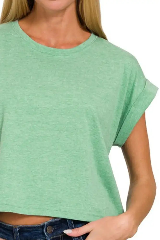 Zenana Rolled Sleeve Crop T-Shirt
