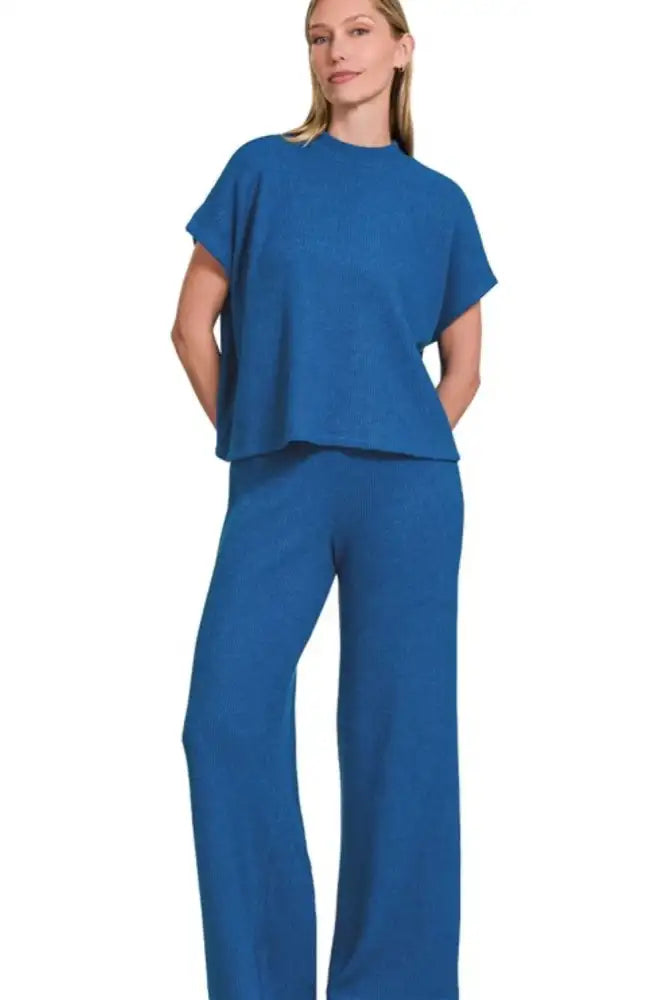 Zenana Rolled Sleeve Top and Pants Sweater Set