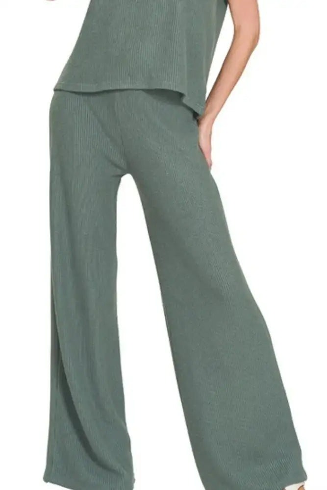 Zenana Rolled Sleeve Top and Pants Sweater Set