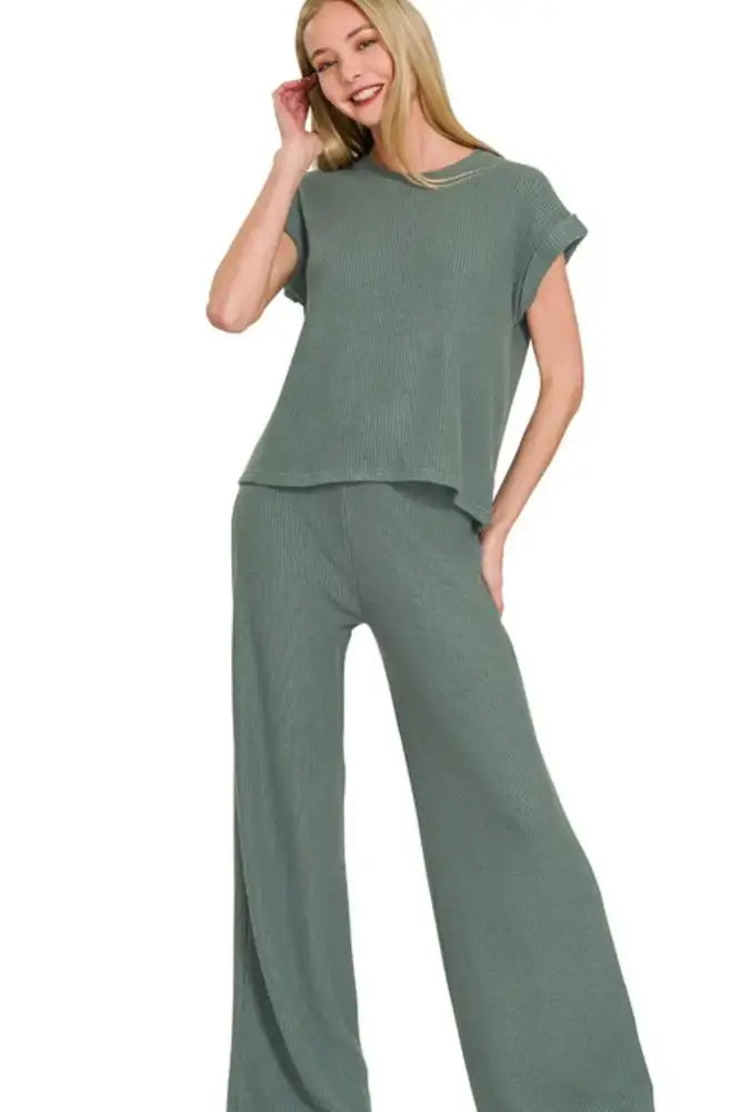 Zenana Rolled Sleeve Top and Pants Sweater Set