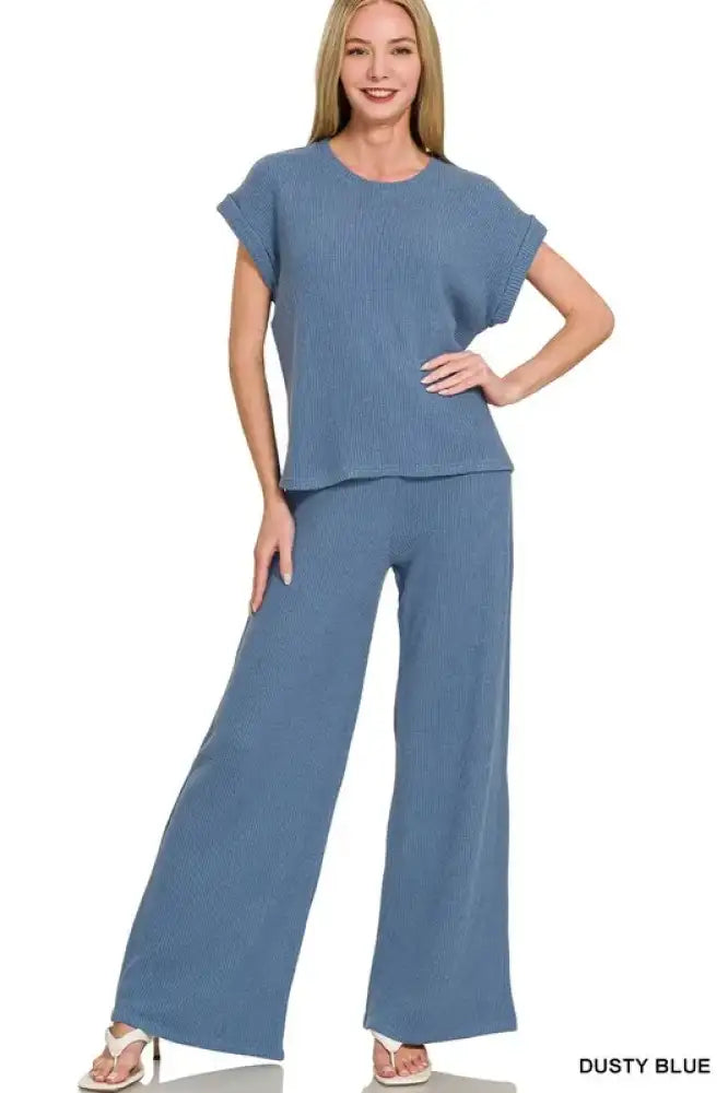 Zenana Rolled Sleeve Top and Pants Sweater Set