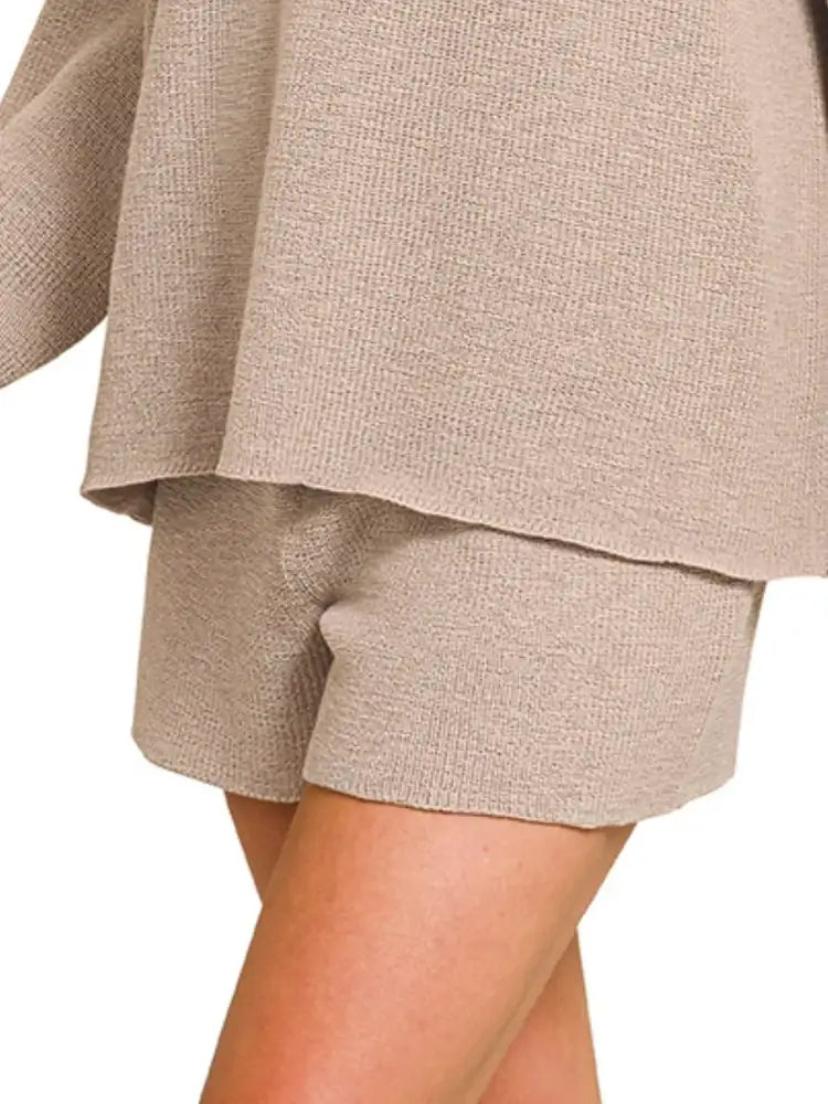 Zenana Round Neck Knit Top and Shorts Sweater Set