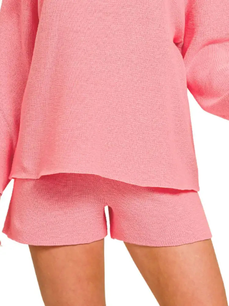 Zenana Round Neck Knit Top and Shorts Sweater Set