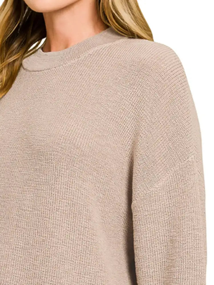 Zenana Round Neck Knit Top and Shorts Sweater Set