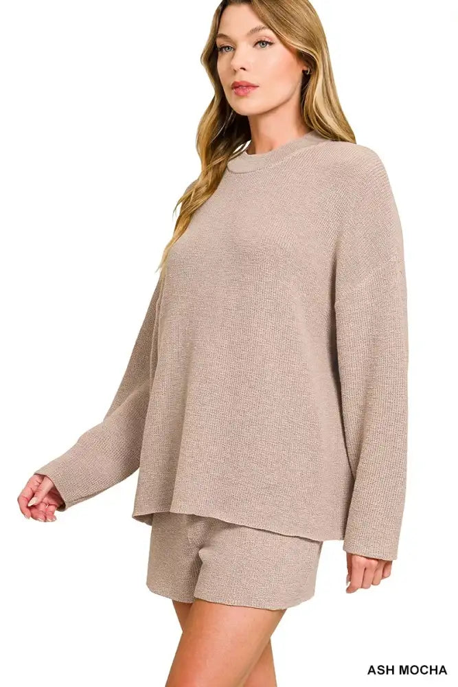 Zenana Round Neck Knit Top and Shorts Sweater Set