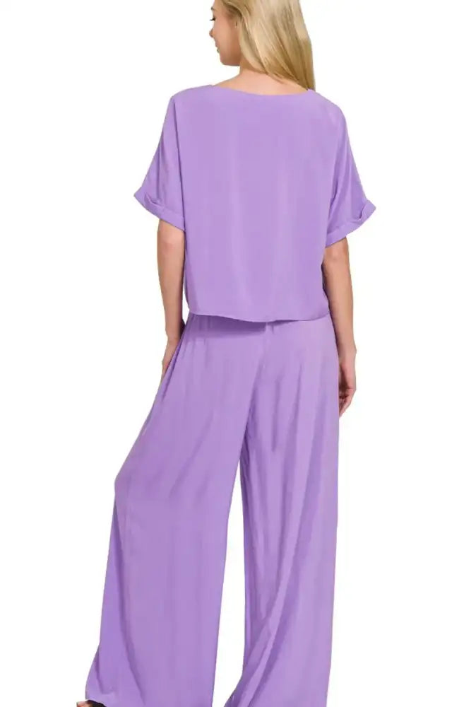 Zenana Round Neck T-Shirt and Wide Leg Pants Set