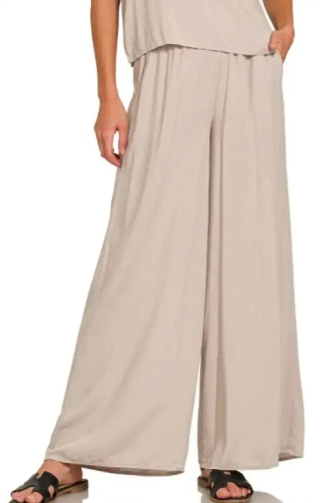 Zenana Round Neck T-Shirt and Wide Leg Pants Set