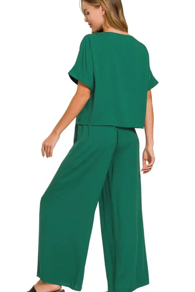 Zenana Round Neck T-Shirt and Wide Leg Pants Set