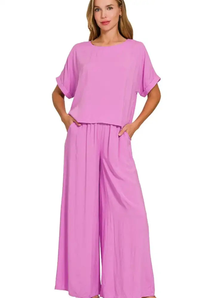 Zenana Round Neck T-Shirt and Wide Leg Pants Set