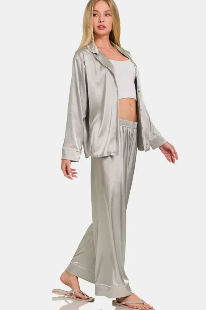 Zenana Satin Long Sleeve Shirt and Pants Pajama Set