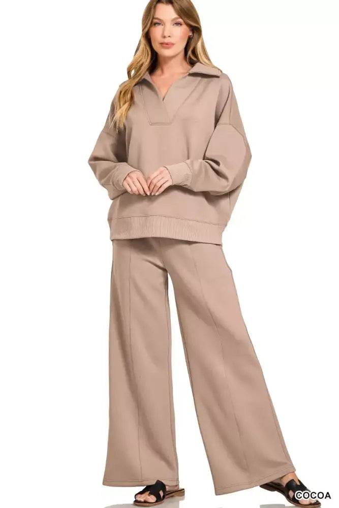 Zenana Scuba Collared Pullover and Pants Set