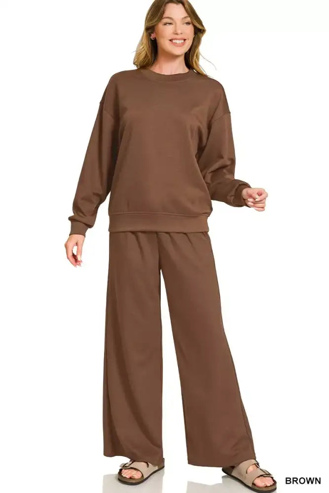 Zenana Scuba Crewneck Pullover and Pants Set