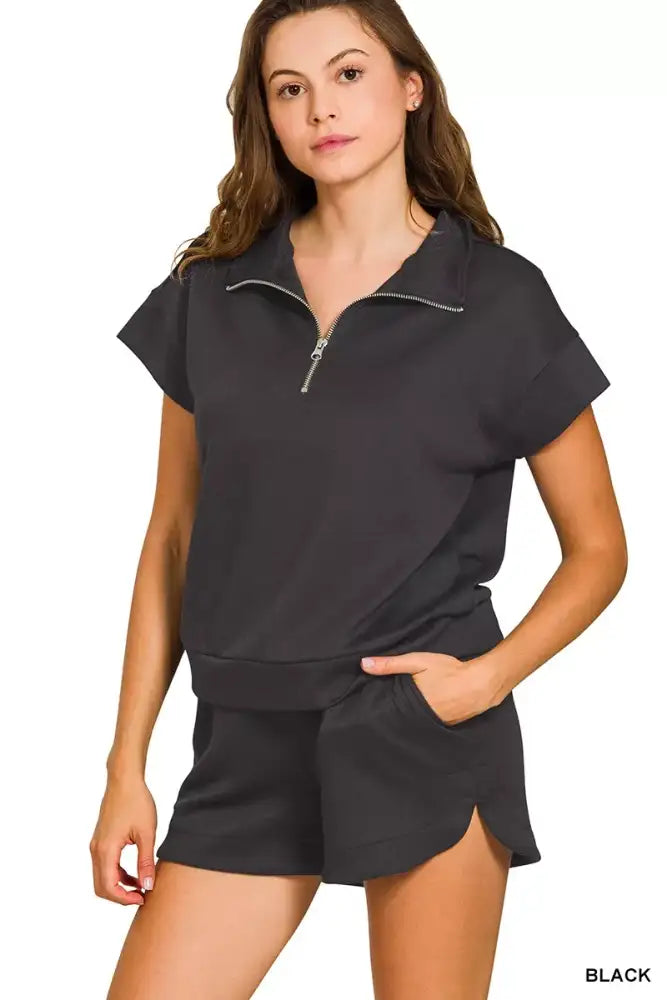 Zenana Scuba High Neck Half Zip Top and Dolphin Shorts Set