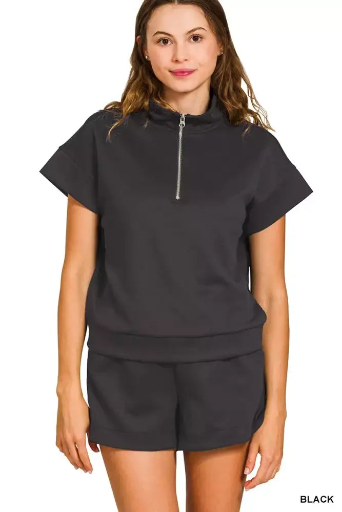 Zenana Scuba High Neck Half Zip Top and Dolphin Shorts Set