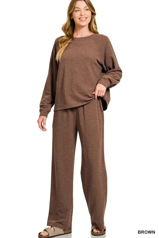 Zenana Slub Long Sleeve Top and Pants Lounge Set