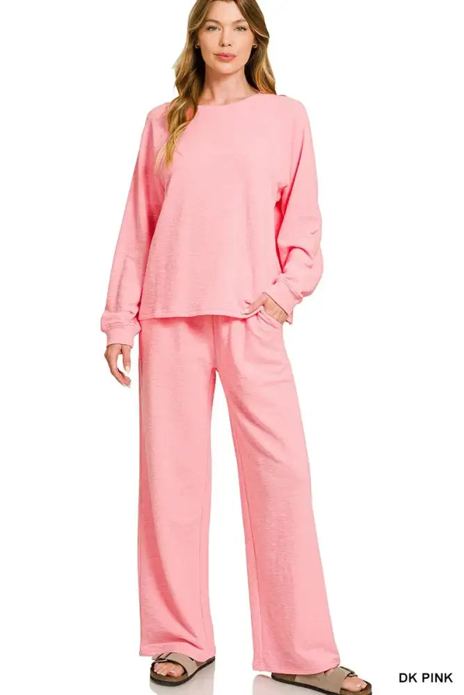 Zenana Slub Long Sleeve Top and Pants Lounge Set