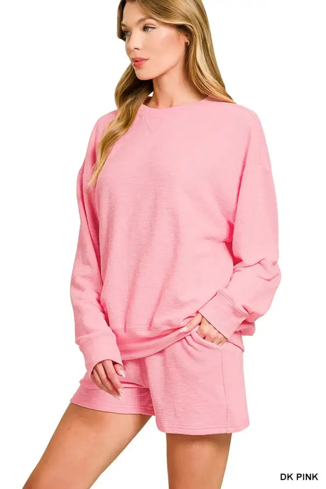 Zenana Slub Long Sleeve Top and Shorts Set