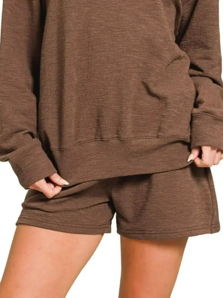Zenana Slub Long Sleeve Top and Shorts Set