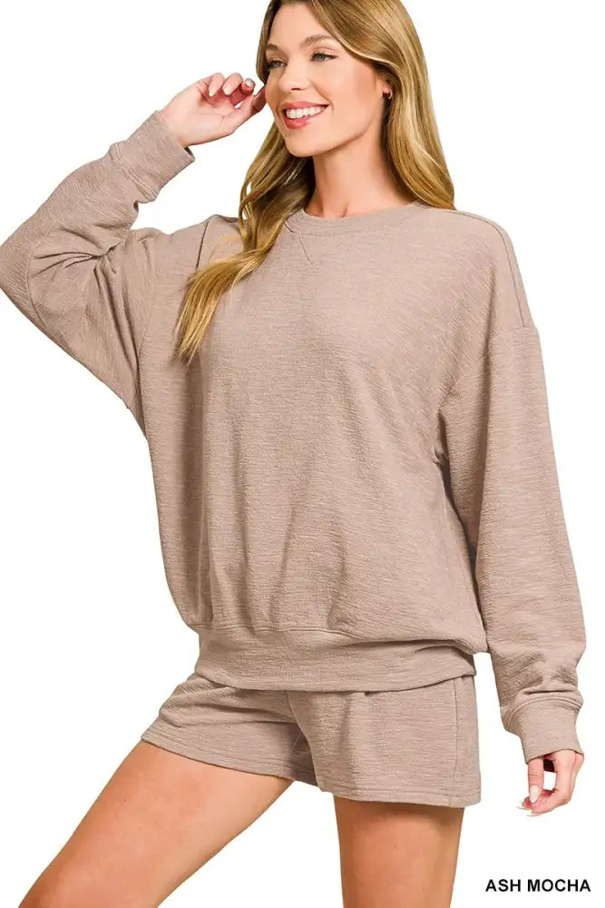 Zenana Slub Long Sleeve Top and Shorts Set