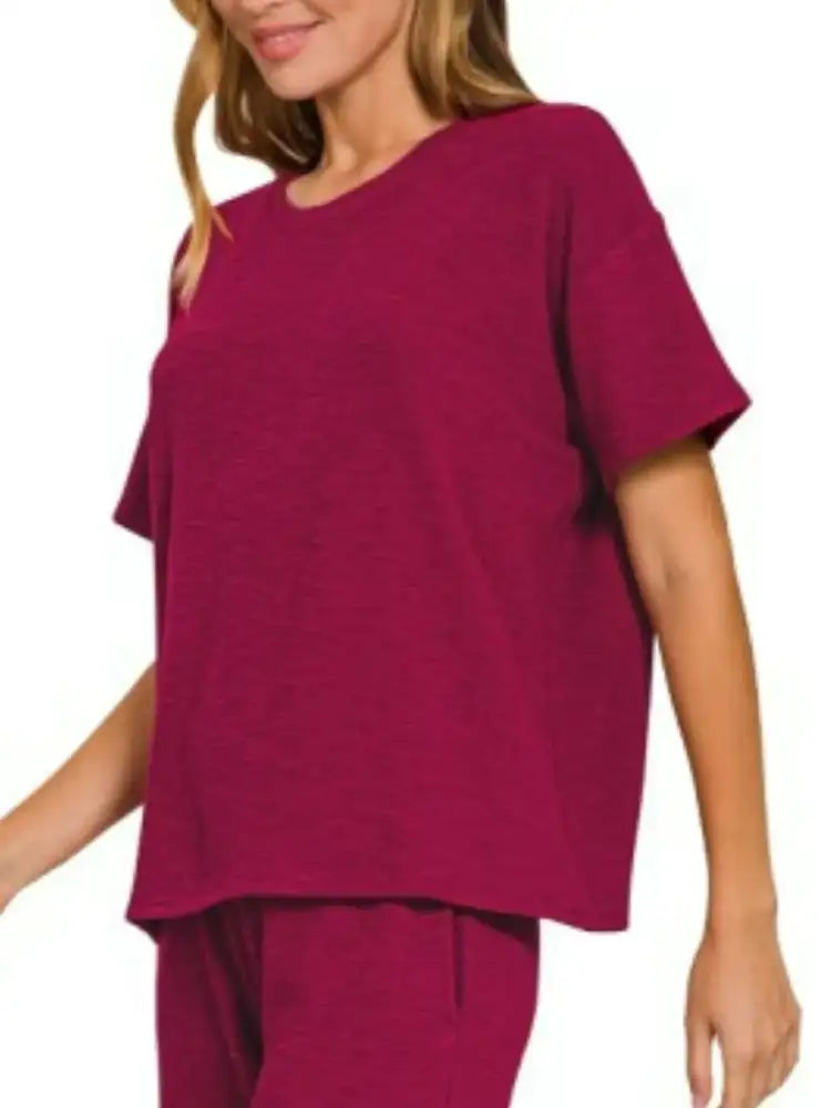 Zenana Slub Short Sleeve T-Shirt and Pants Set