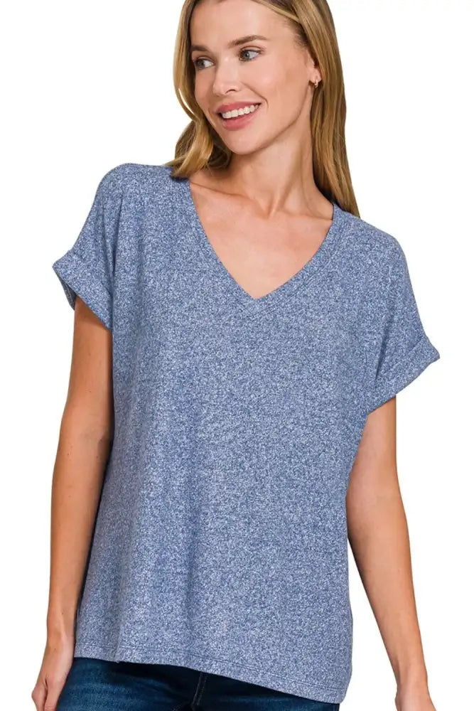Zenana Soft Melange Hacci V-neck Tee