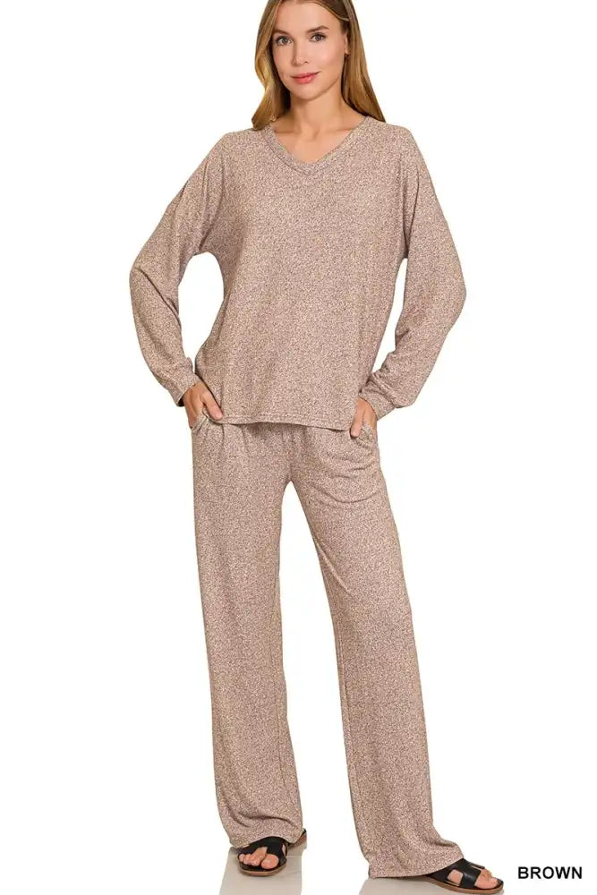 Zenana Soft Melange Long Sleeve Tee & Pants Set