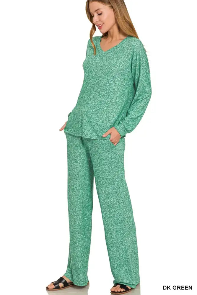 Zenana Soft Melange Long Sleeve Tee & Pants Set