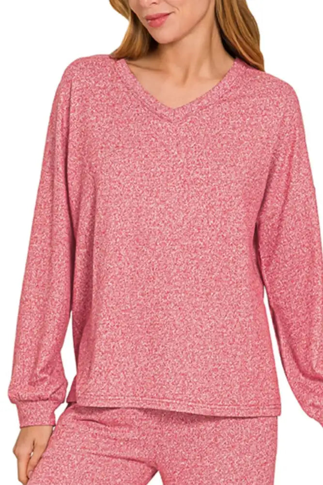 Zenana Soft Melange Long Sleeve Tee & Pants Set
