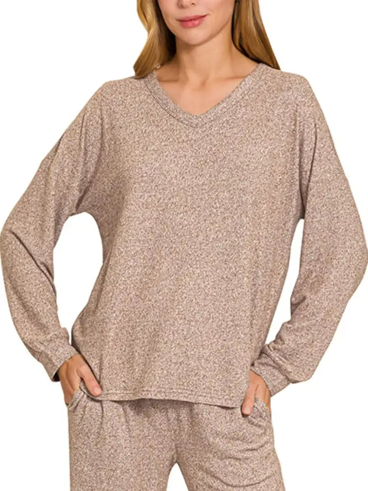 Zenana Soft Melange Long Sleeve Tee & Pants Set