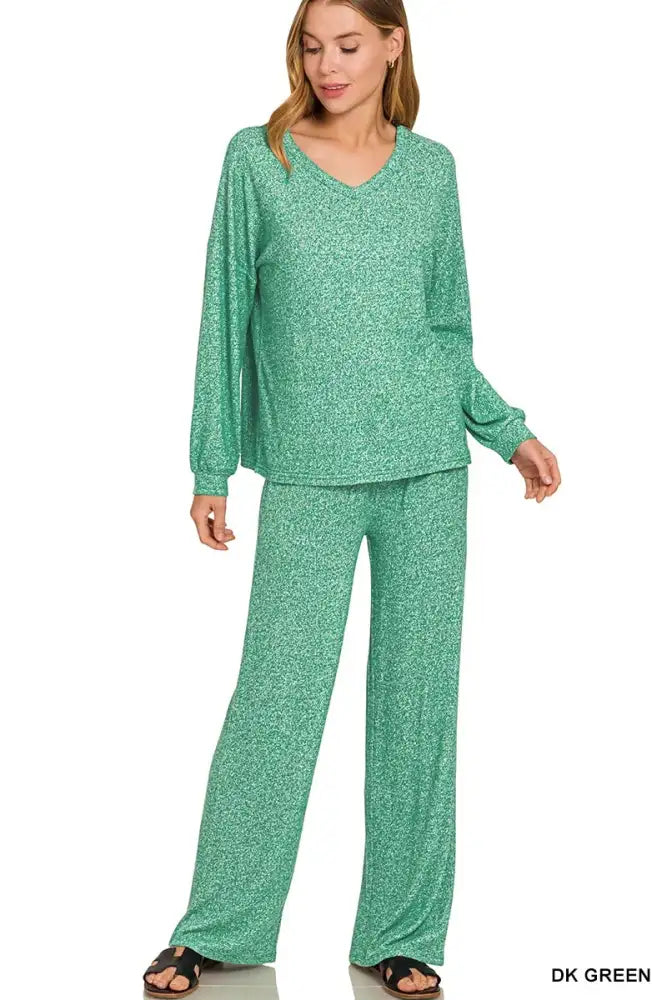 Zenana Soft Melange Long Sleeve Tee & Pants Set