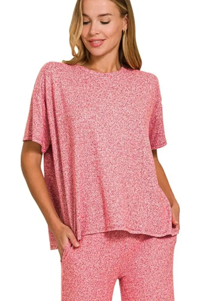 Zenana Soft Melange Short Sleeve Tee & Long Pants Set