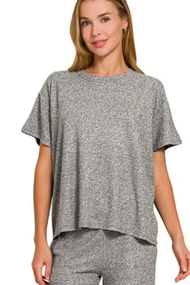 Zenana Soft Melange Short Sleeve Tee & Long Pants Set