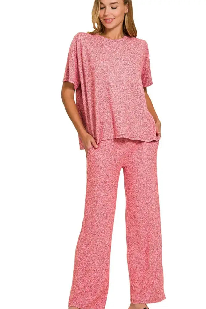 Zenana Soft Melange Short Sleeve Tee & Long Pants Set