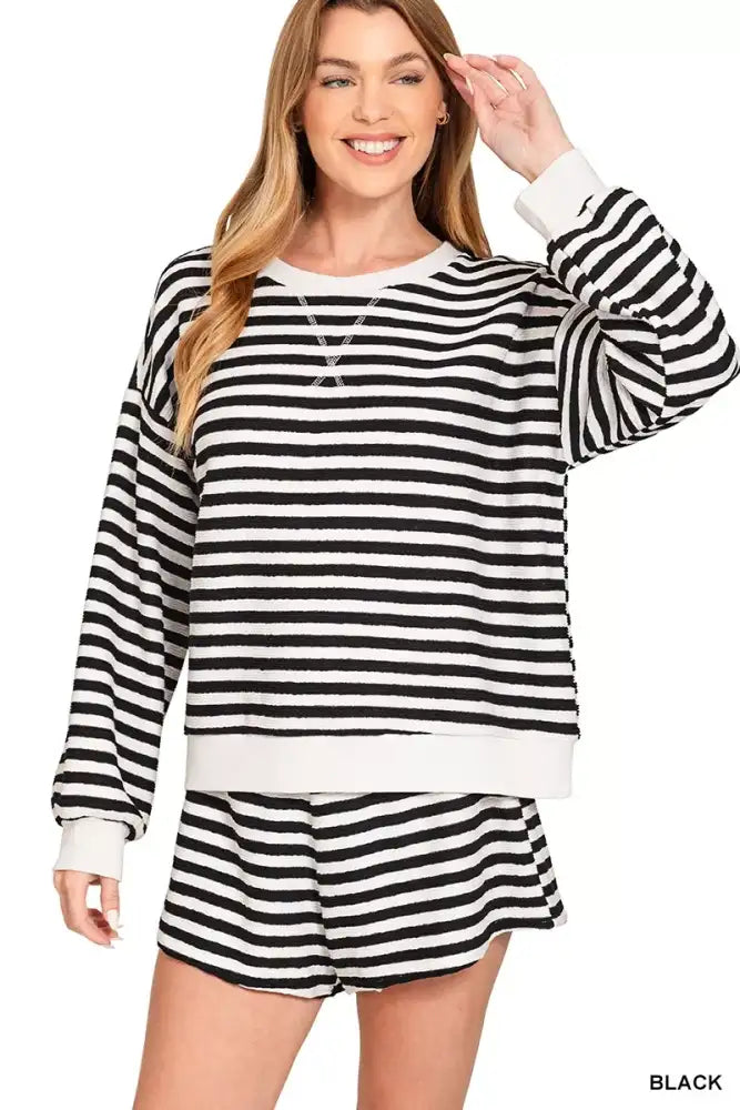 Zenana Striped Long Sleeve Top and Shorts Set