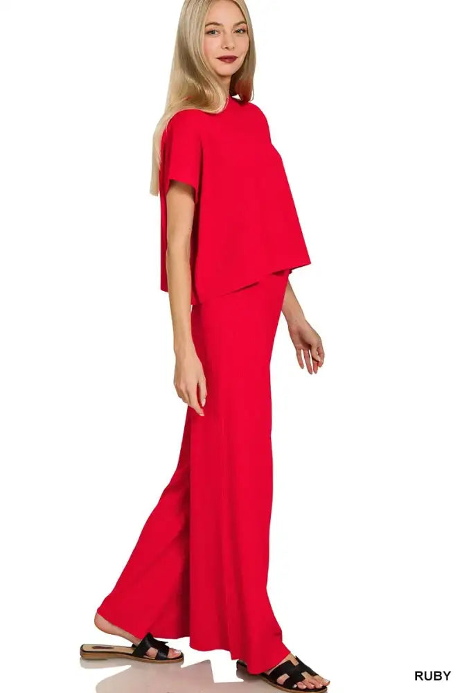 Zenana Viscose Sweater Short Sleeve Top and Pants Set