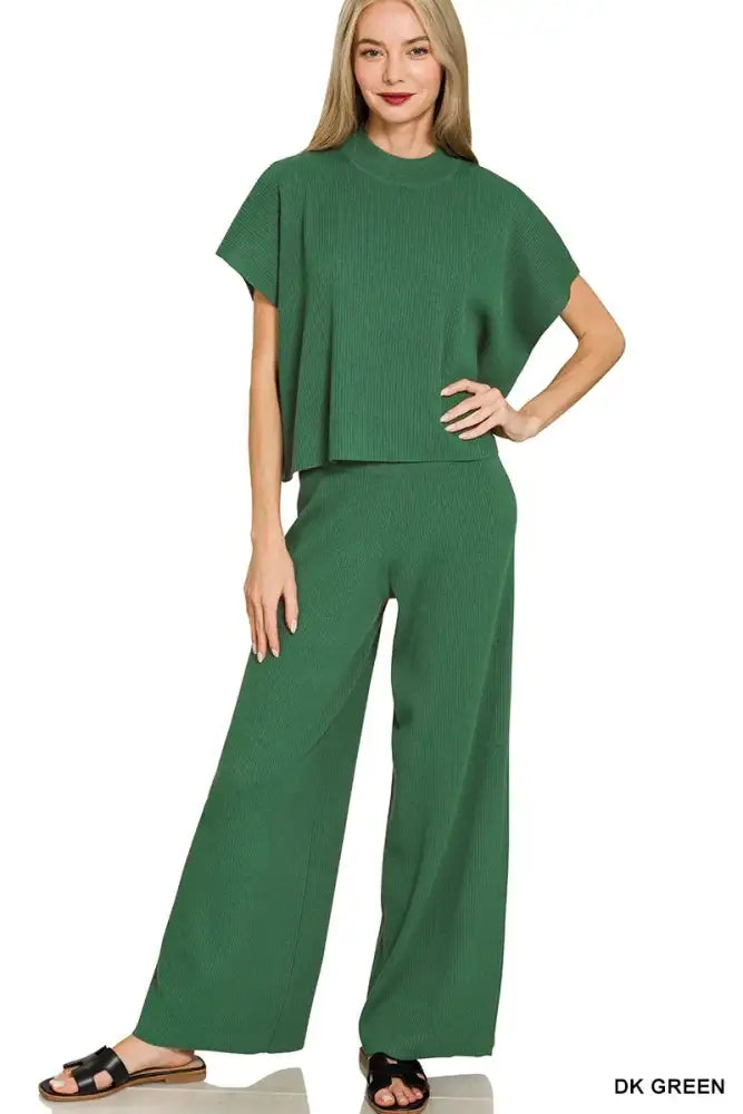 Zenana Viscose Sweater Short Sleeve Top and Pants Set