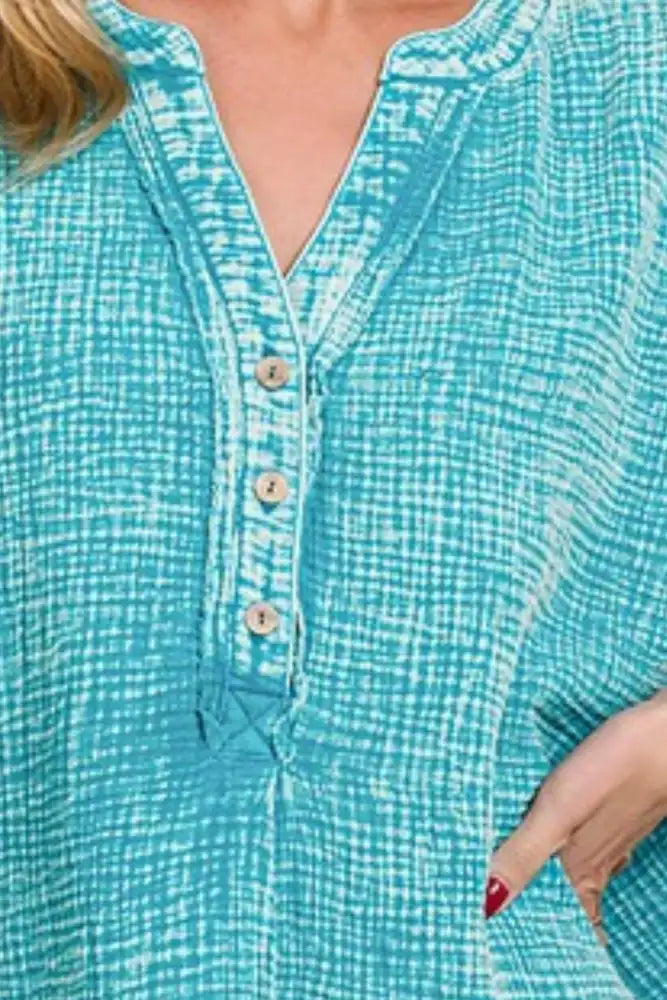 Zenana Washed Double Gauze 3/4 Button Henley Neck Shirt