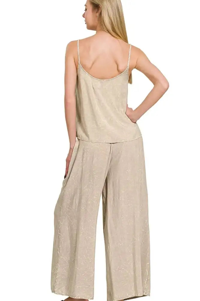 Zenana Woven Acid Crinkle Washed Cami & Pants 2 Piece Set